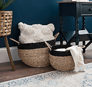 This set of woven black baskets is amazing. I love that they are the perfect size for your blankets and throw pillows.