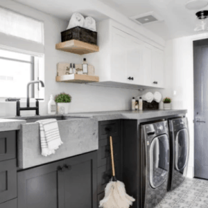 two toned laundry room with white and dark gray cabinets