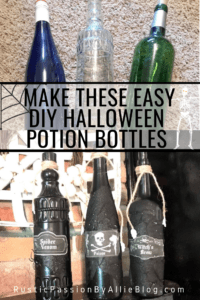 2 pictures on top of eachother 3 wine bottles painted black into diy halloween potion bottles text overlay - make these easy halloween potion bottles